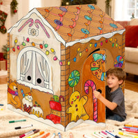 Kockuu cardboard gingerbread house to color, giant playhouse with candy cane and snowman prints - view 2