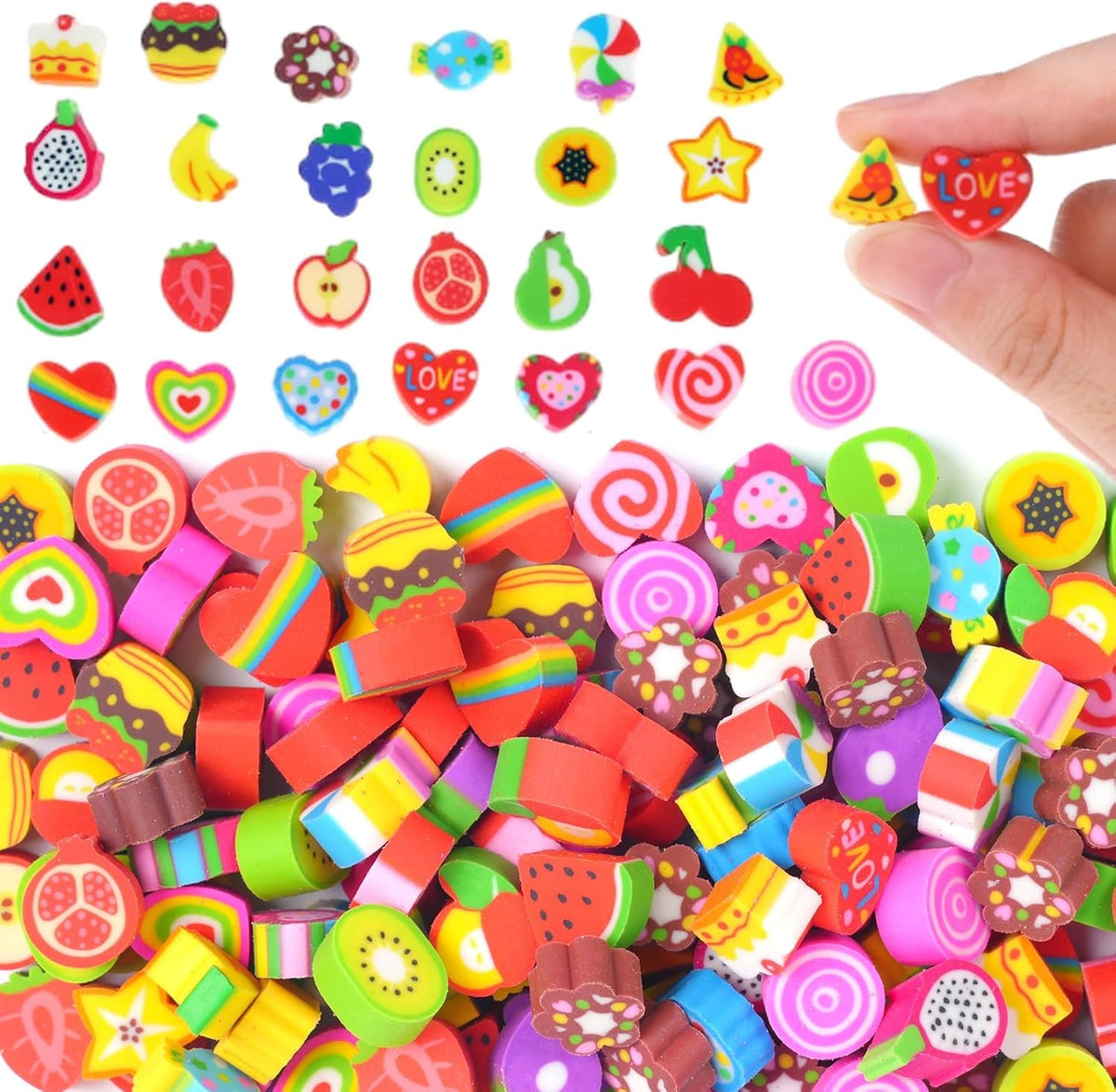 Wolpark mini erasers for kids shaped like cakes, donuts, ice cream, fruit and hearts