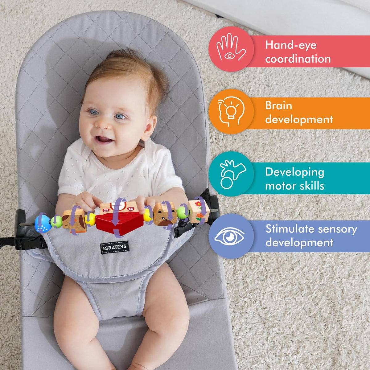 iGRATENS wooden baby bouncer toy bar with black and white pendants - view 5