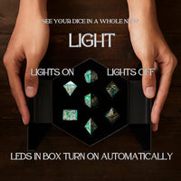 HEIMDALLR liquid core DND dice set in Fenrir's Shadow with glowing LED display box - view 29