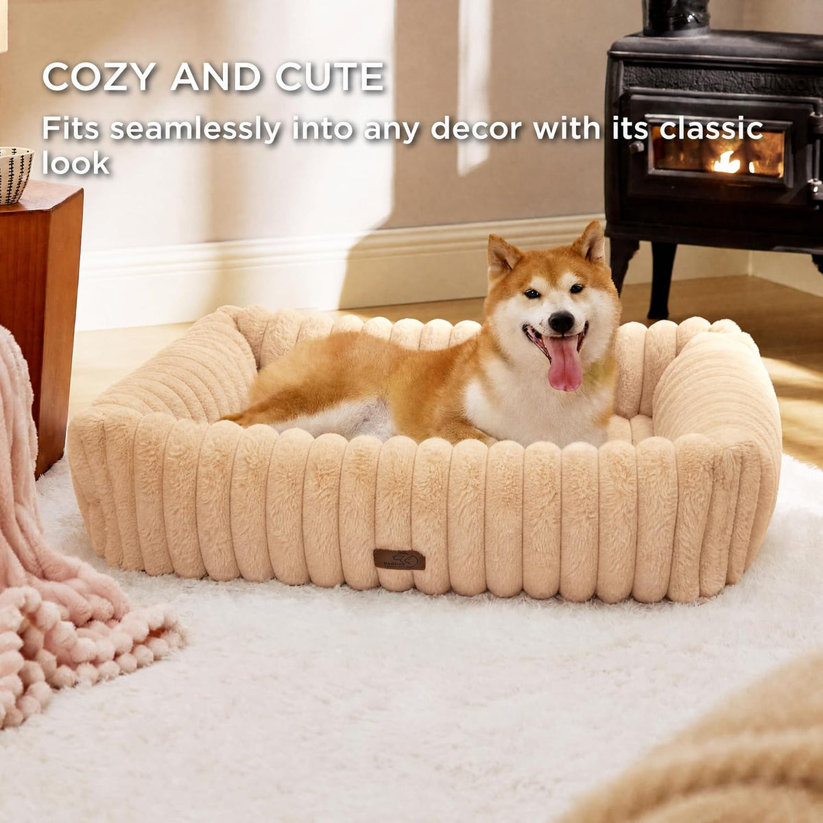 Bedsure ComfyFleece Cute Dog Bed for Small Medium Dogs Washable - M Pro(33" x25.5" x8") / Sandy Beige - image 2