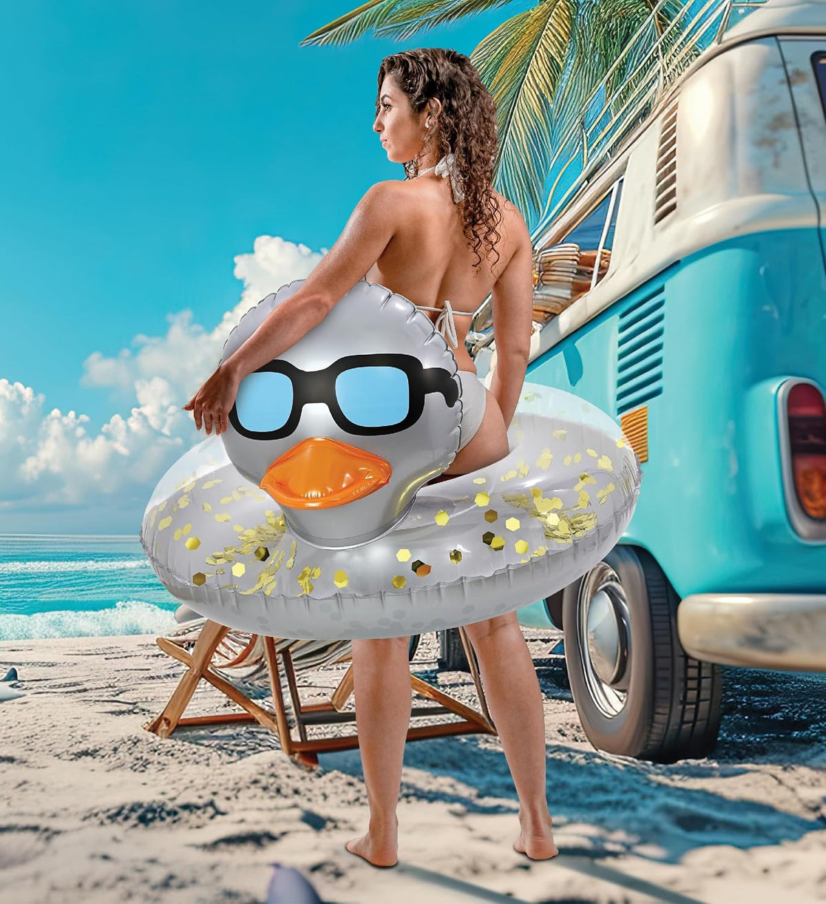 POZA inflatable duck pool float tube with gold confetti, sunglasses and orange beak - view 12