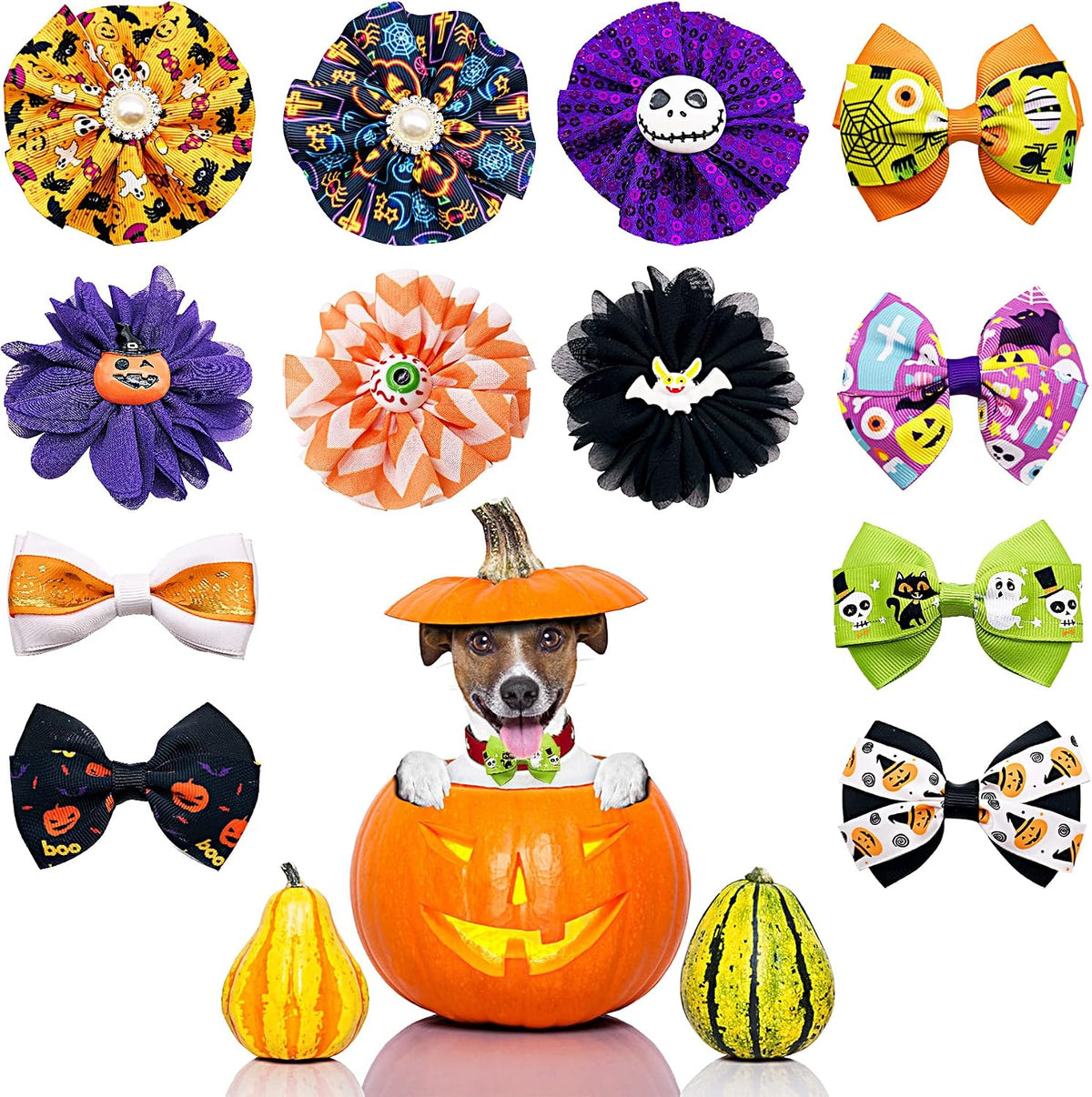 PET SHOW Holiday Dog Bowties Flowers for Small Dogs Slide on Collar – Essentials for Dogs - Halloween-12pcs