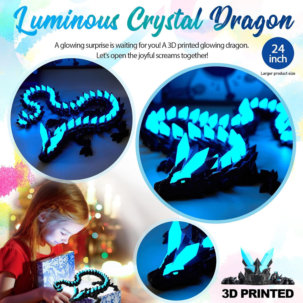 24" Large 3D Printed Dragon - Luminous Blue / 24 inch - image 3