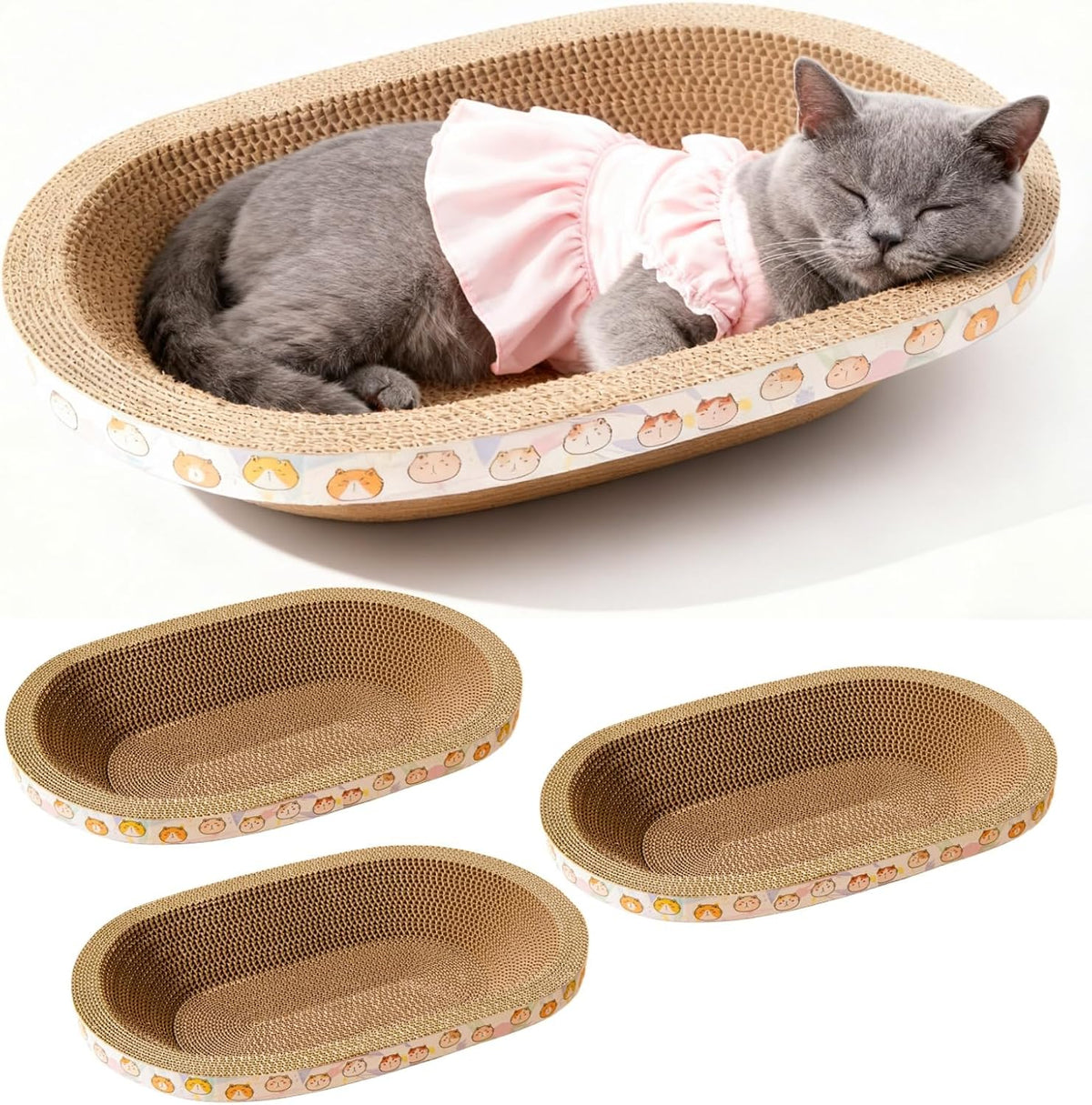 3 Pack Cat Scratcher Bed, Oval Cardboard Cat Scratcher Cat Scratch Pad Board Lounge Couch - M(17.5"x13.6"x3")