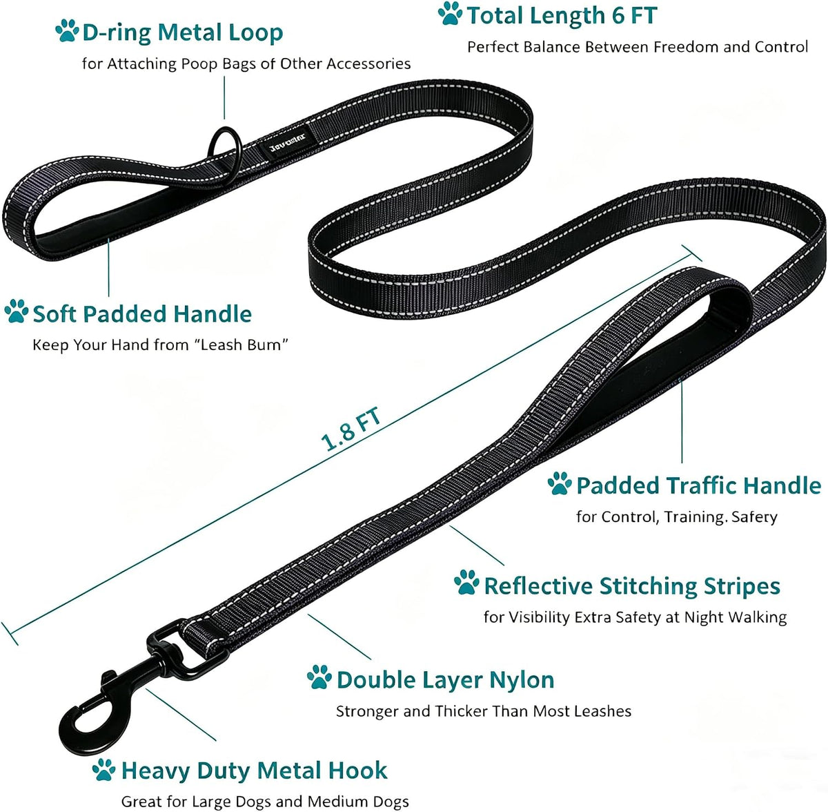 Heavy Duty Dog Leash - 2 Handles by Padded Traffic Handle for Extra Control, 6foot Long - Perfect - 6 ft / Black - image 2