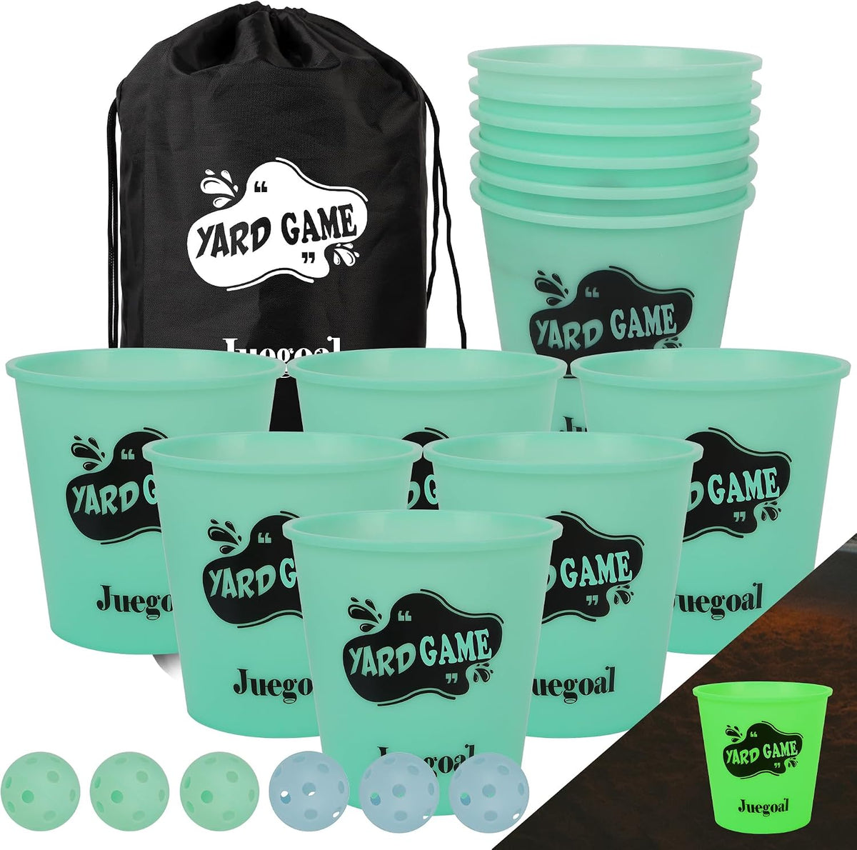 Juegoal giant yard pong game set with glow in the dark buckets, balls and black carry bag