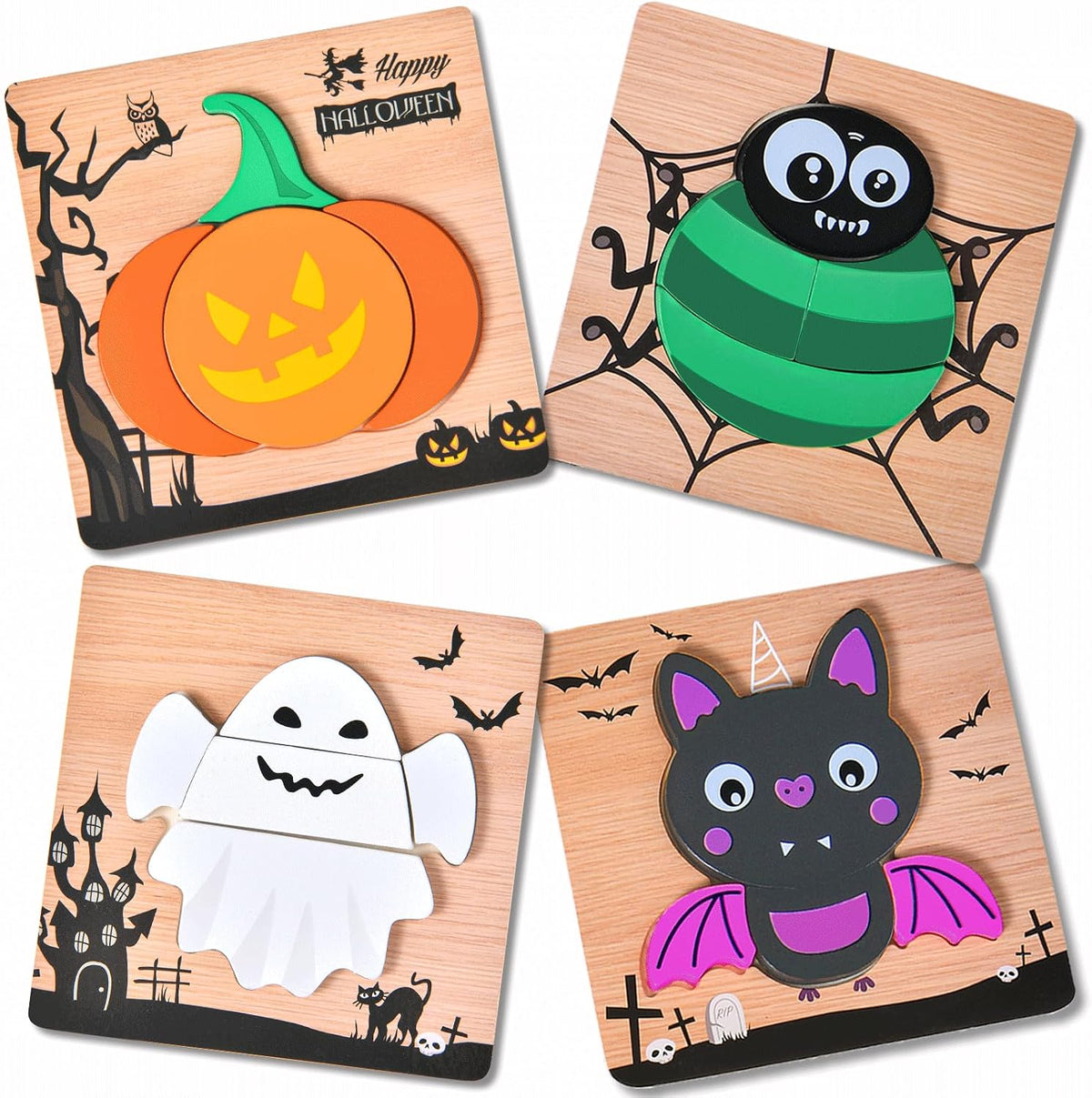 4 Pack Halloween Wooden Puzzles for Kids Jigsaw Puzzles Halloween - Halloween