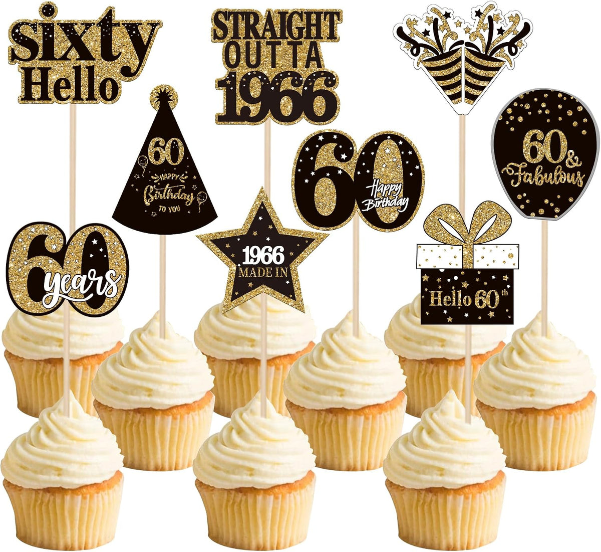 36PCS Happy 80th Birthday Cupcake Toppers Double Sided Black Gold - Straight Outta / 60th