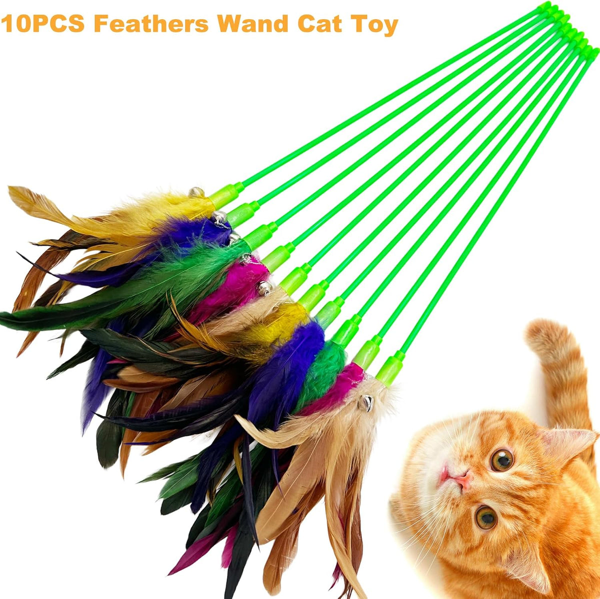 Cat Wand Feather Toys, 6 Pieces Interactive Cat Feathers Teaser Toy for Indoor Cats Play – Essentials for Cats - 10PCS Cat Wand Toys - image 3