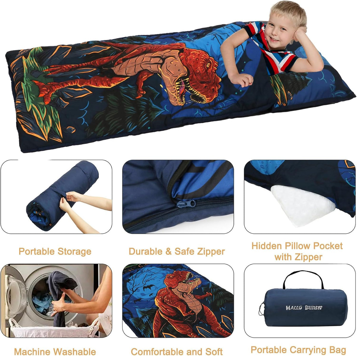 hallo bunny kids sleeping bag with attached pillow, extra-long slumber bag shown in space astronaut  - view 6