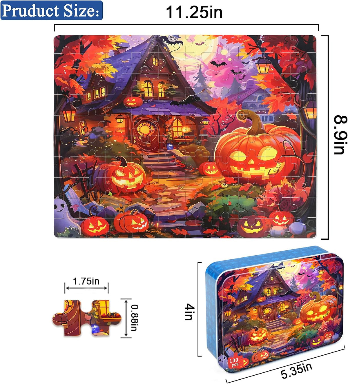 LELEMON Halloween jigsaw puzzle for kids with pumpkins and bats in tin box - view 38