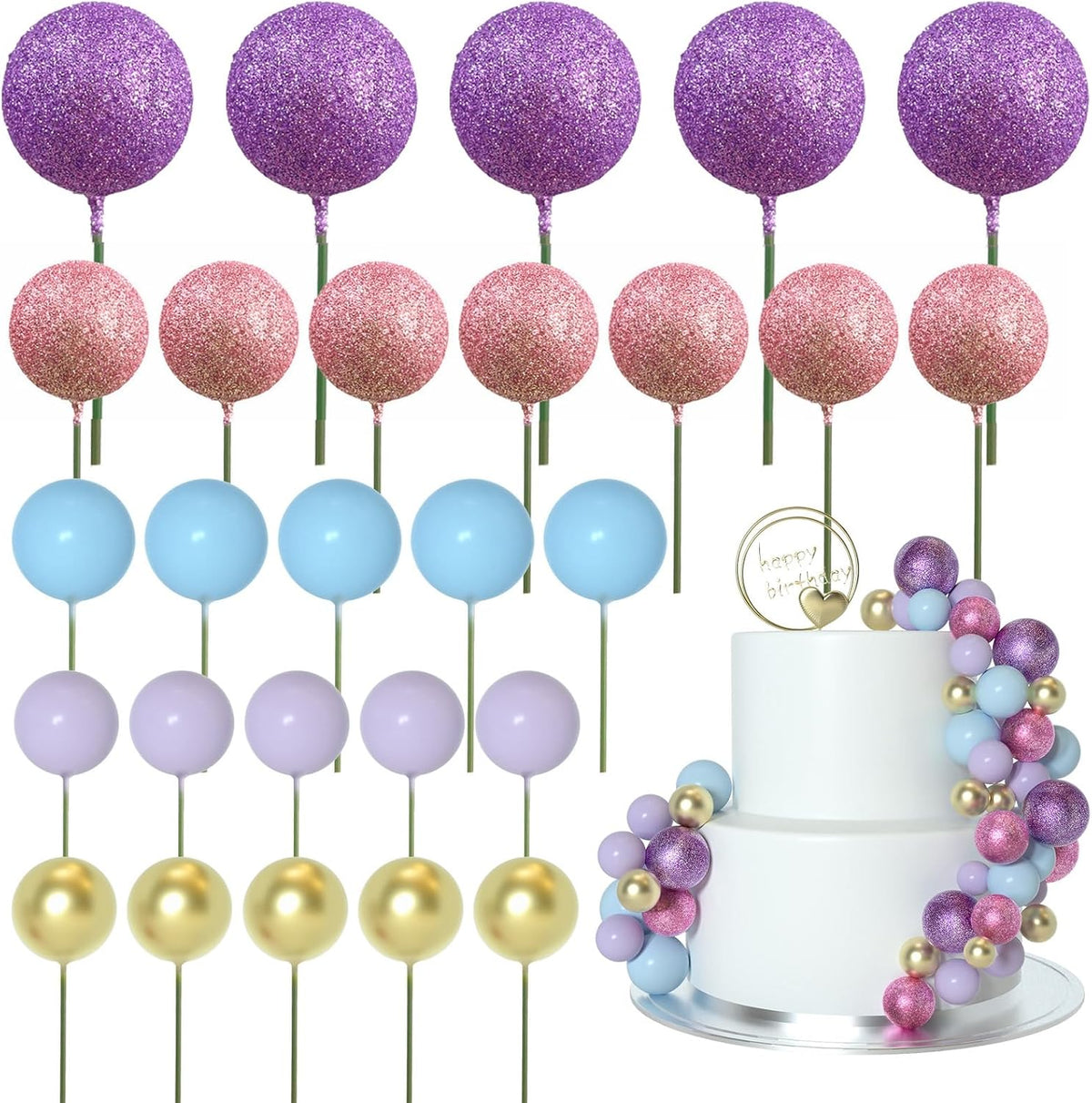 ASTARON 50 Pcs Ball Cake Topper Sticks Mini Balloons for Cake - Pink，purple，blue