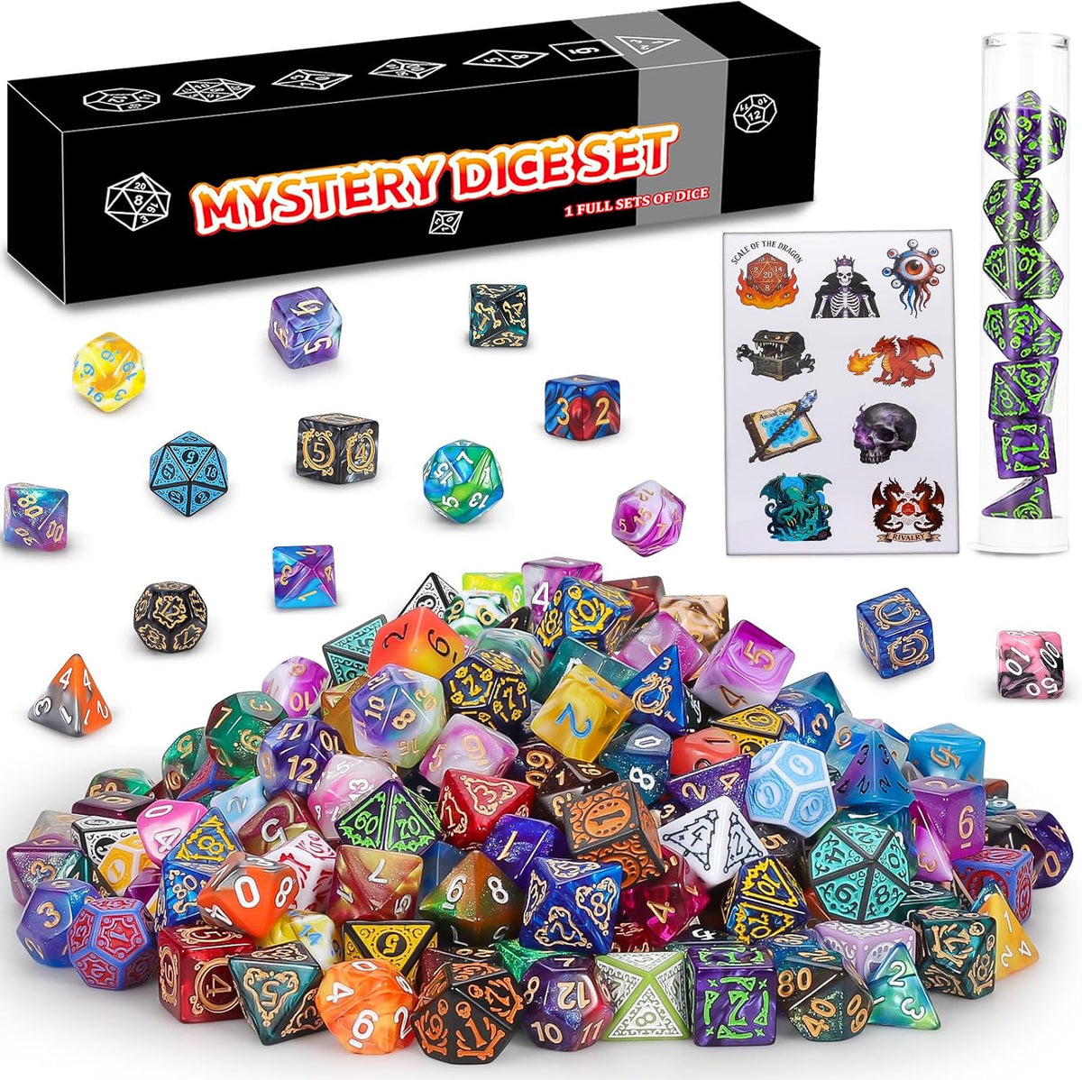 QMAY Mystery Dice Set – 7 Pcs Acrylic Polyhedral Dice + 1 Pcs Velvet Bag – Fun for Kids & Family - 1 box Mystery Dice