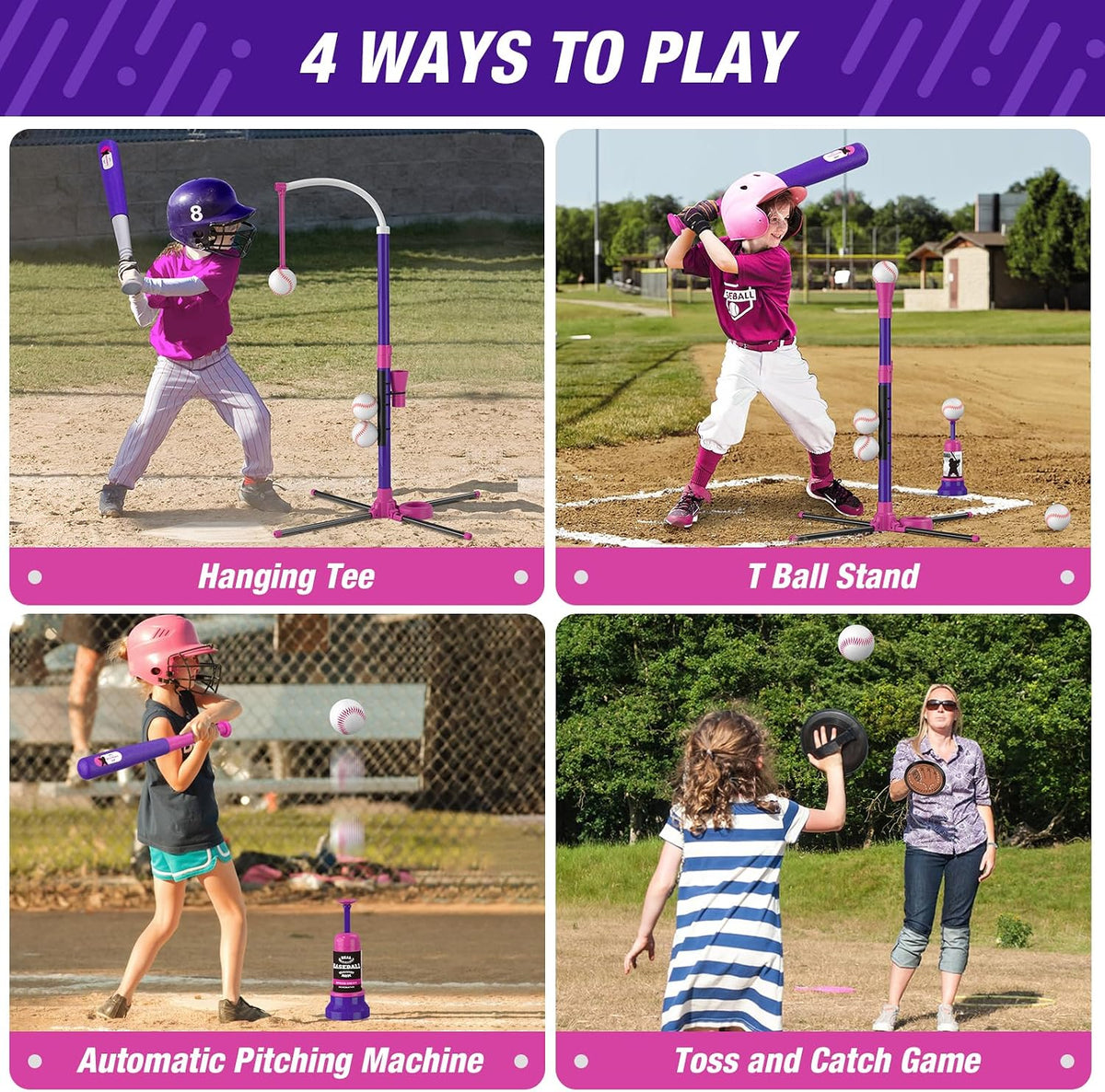 HYES 3-in-1 Baseball Set for kids Auto Pitching Machine – Fun for Kids & Family - Purple+pink - image 2