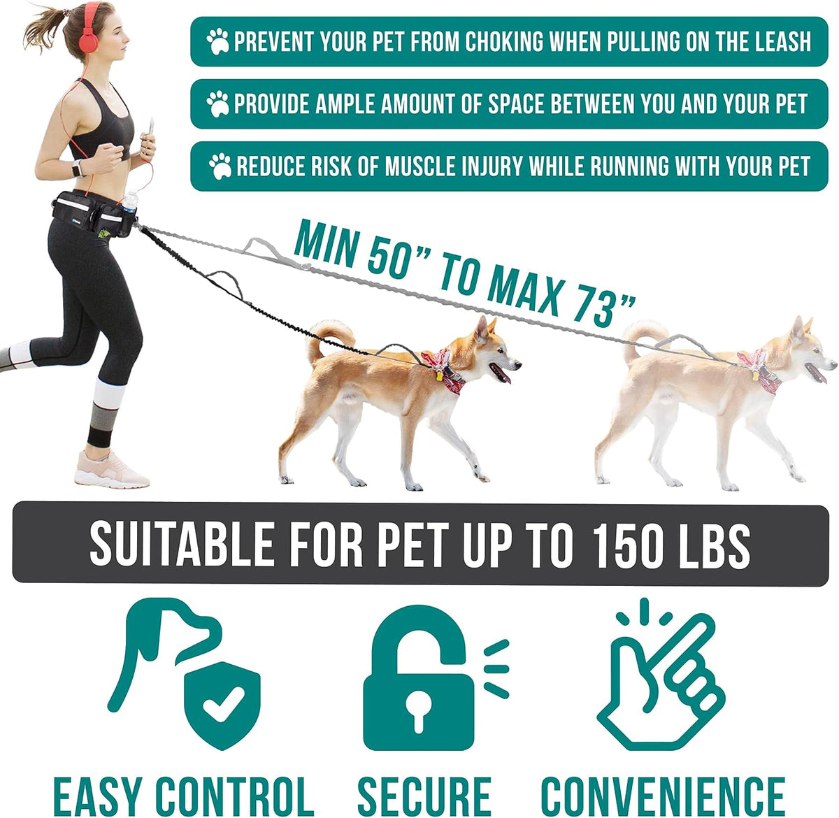 PetAmi Hands Free Dog Leash with Waist Running Belt Bag, Single – Essentials for Dogs - 2 Leashes / Black - image 2
