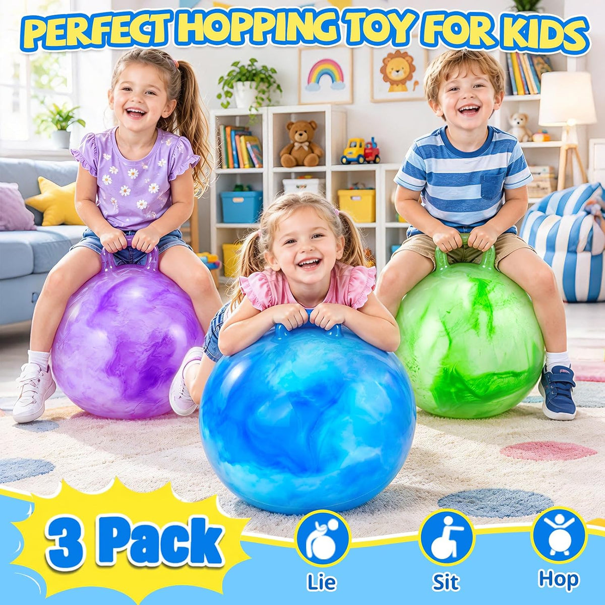 Bouncy Ball with Handle for Kids - 3P 15inch (Green+Purple+Blue) - image 3