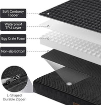 OhGeni Orthopedic Waterproof & Machine Washable Dog Bed for Medium Large Pets, Suitable for Crates, 25D Egg Crate Foam, Non-Slip Bottom & Removable Cover, Invisible Zipper, 35 Inches(Black)