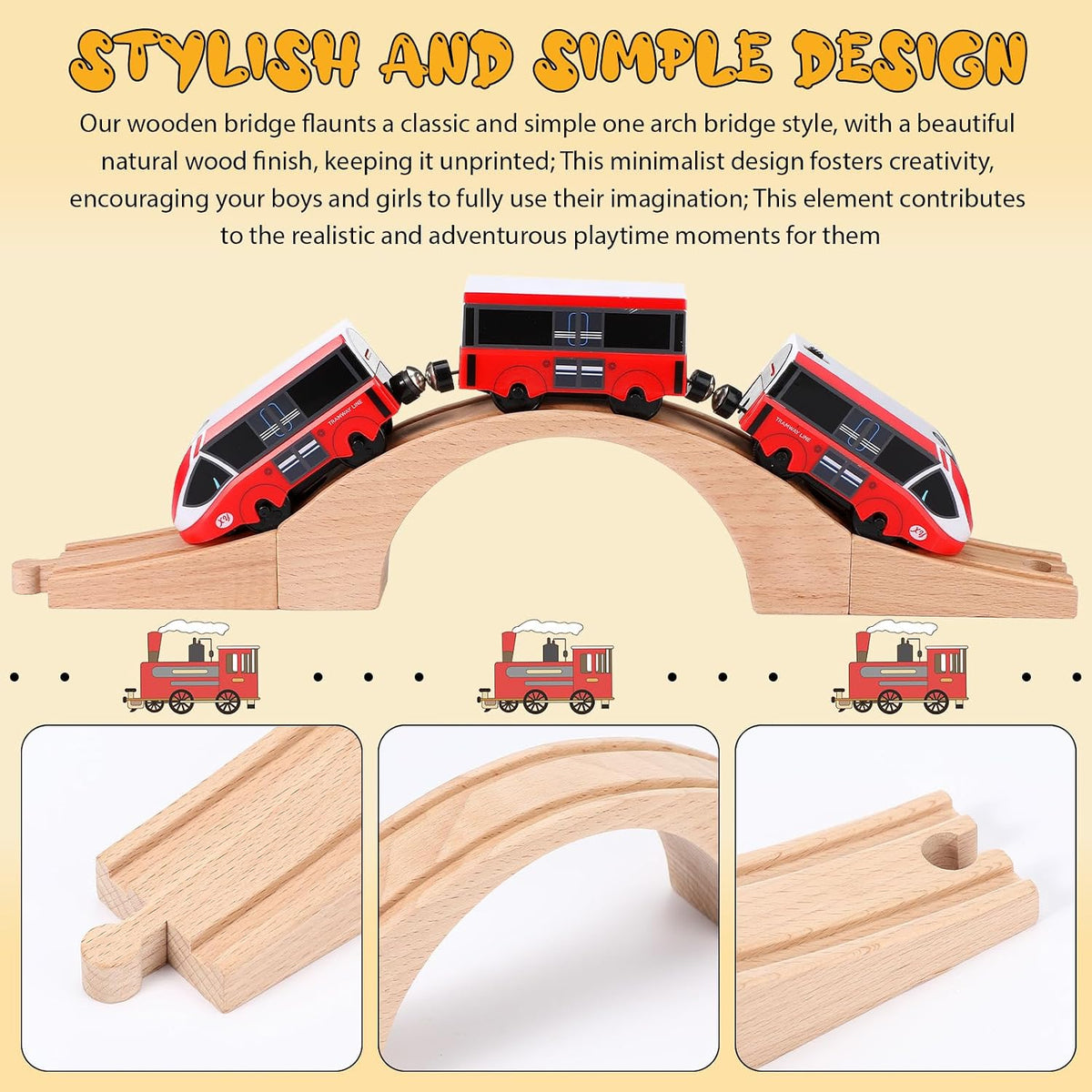 Kigley wooden train track bridge with natural unprinted wood finish and one arch design - view 3