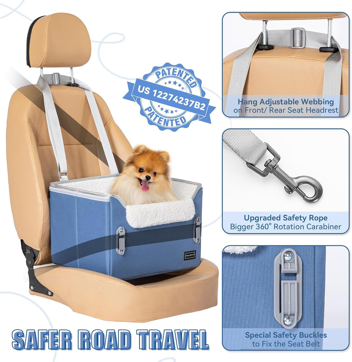 PETSFIT Dog Car Seats for Small Dogs, Patented Safety Buckles - Oxford Cloth / Navy Blue - image 3