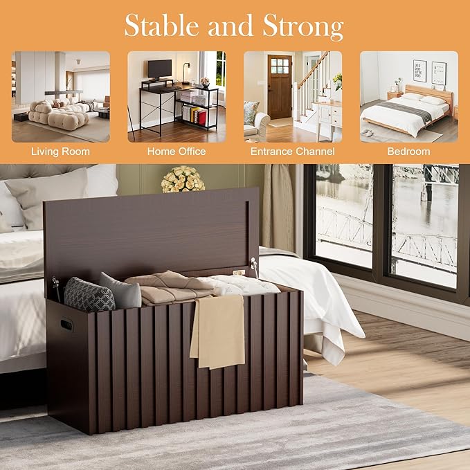 UEV Storage Bench,39.4" Wood Box, Storage Trunk with 2 Safety Hinges, Ottoman Storage Chest, Fluted Storage Bench for Bedroom, Entryway, Living Room (Walnut)