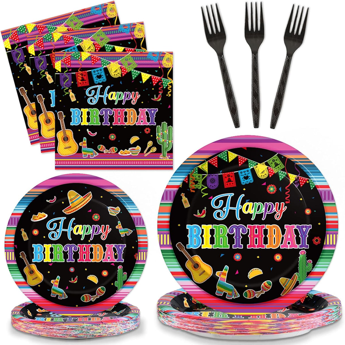 Tevxj navy blue and silver happy birthday tableware set with plates, napkins and forks for 24 - view 6