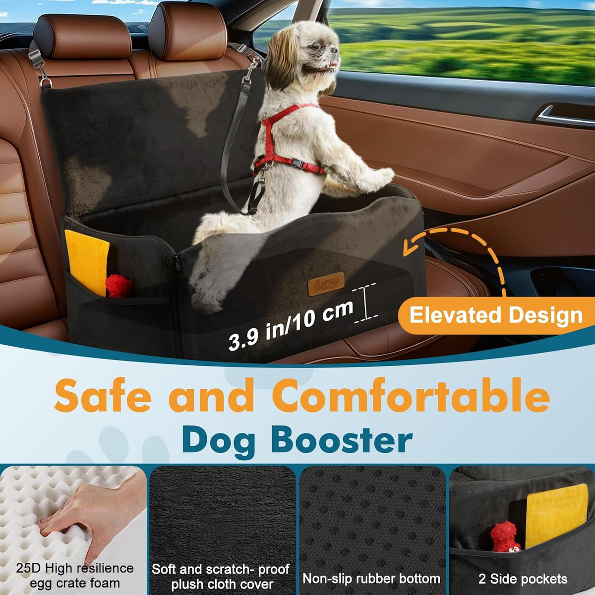 Dog Car Seat for Medium Dogs Up to 60 lb, Thick Cushion - Black / L - image 3