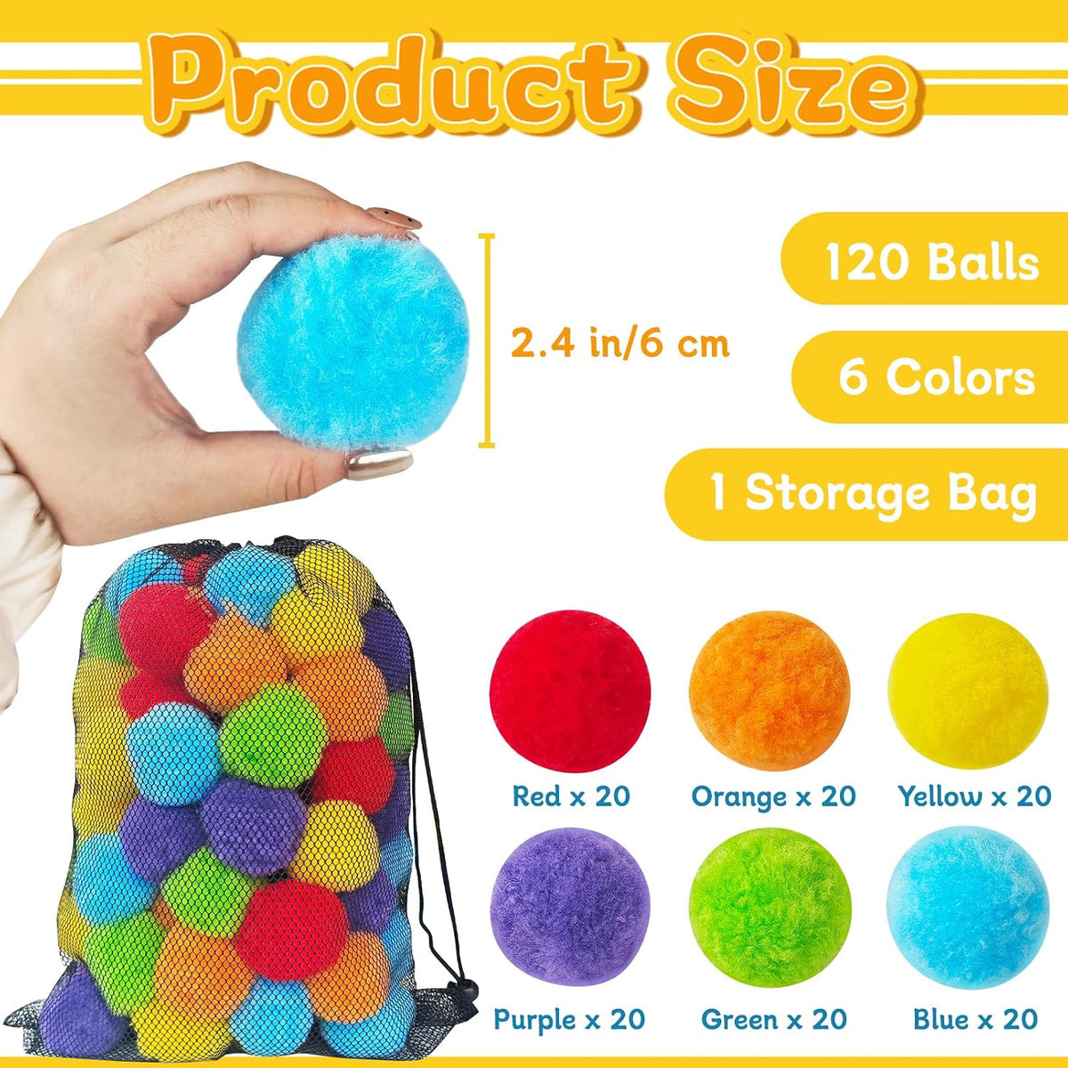 Zddaoole 120 large craft pom poms in red, blue, green, purple, orange and yellow - view 8