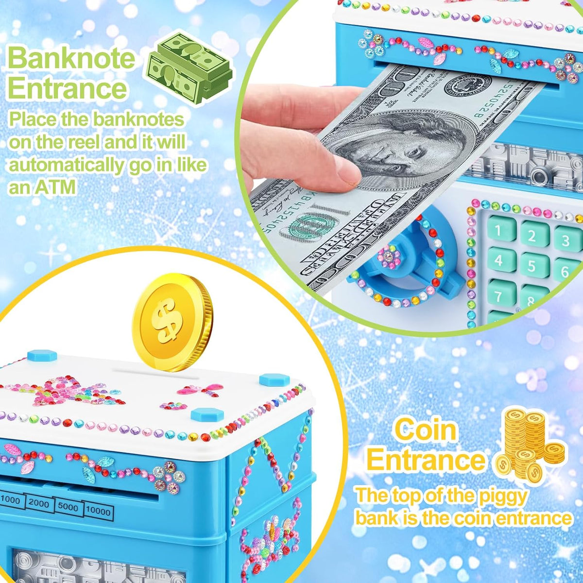 Piggy Bank for Kids Girls Boys with Password Code Lock Cash Coin Can - Blue - image 2