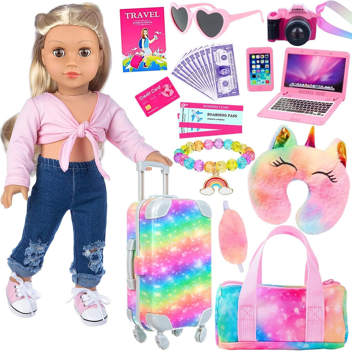 K.T. Fancy 23 PCS 18 Inch Girl Doll Accessories Suitcase Luggage - Rainbow Tie-Dye Suitcase