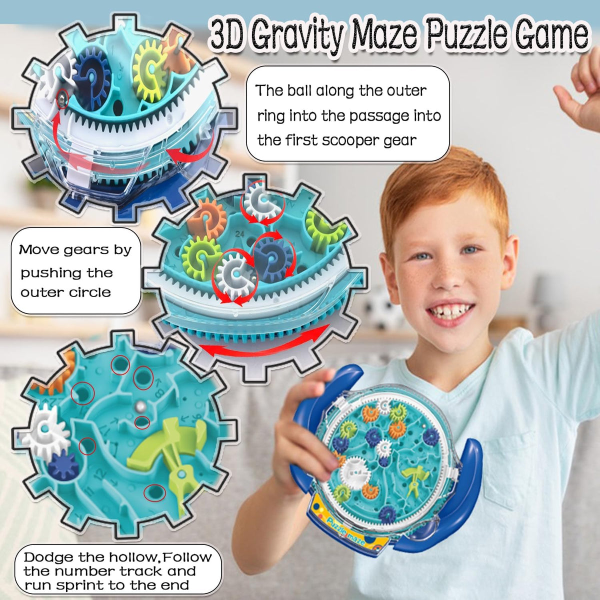 JRD&BS WINL blue 3D maze ball puzzle with clear acrylic shell and gear rings - view 3