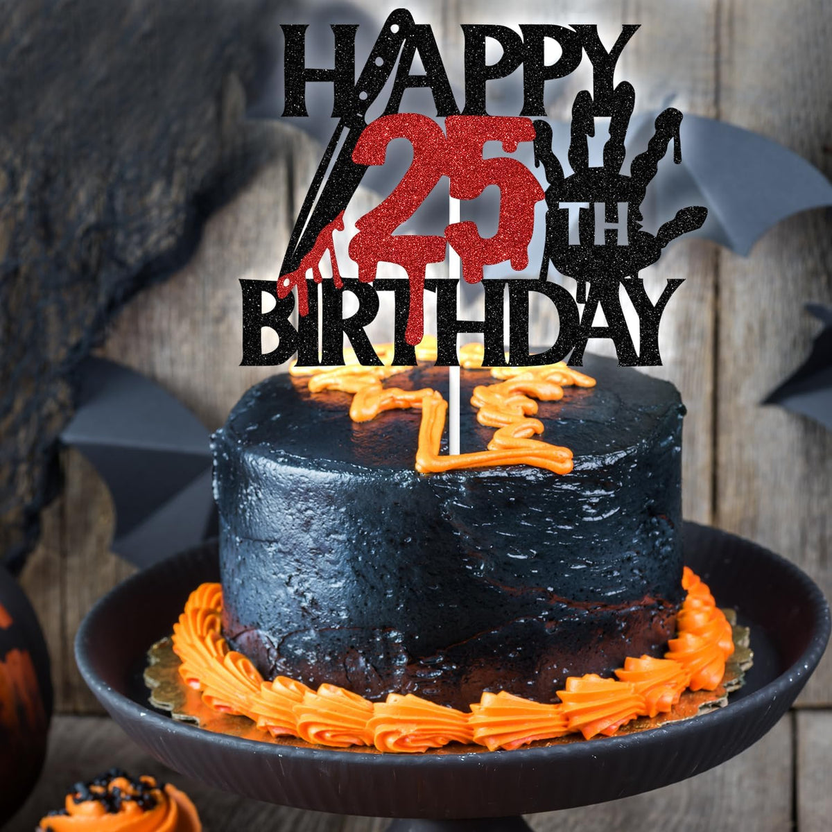 Black glitter Killer Happy 13th Birthday cake topper for a horror Halloween party - view 23