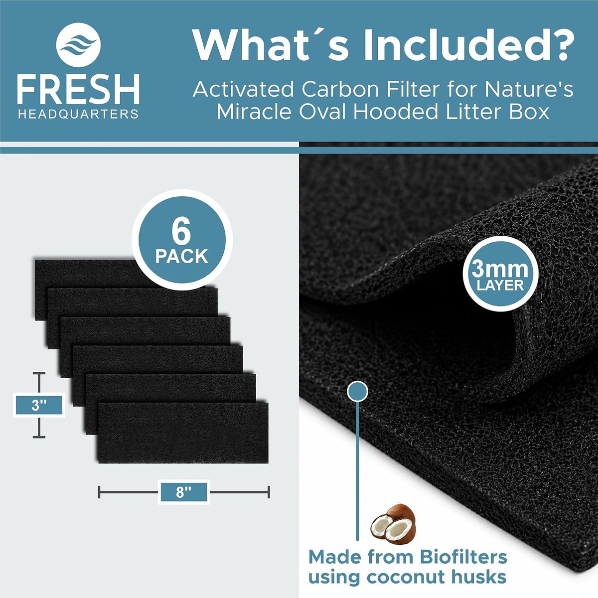 Fresh Headquarters 6-Pack Activated Carbon Cat Litter Box Filter - Oval: 8 Inch x 3 Inch - image 2