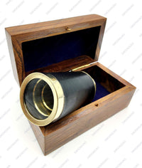 5moonsun5 6 inch brass spyglass telescope with black leather wrap, compass and wooden box - view 3