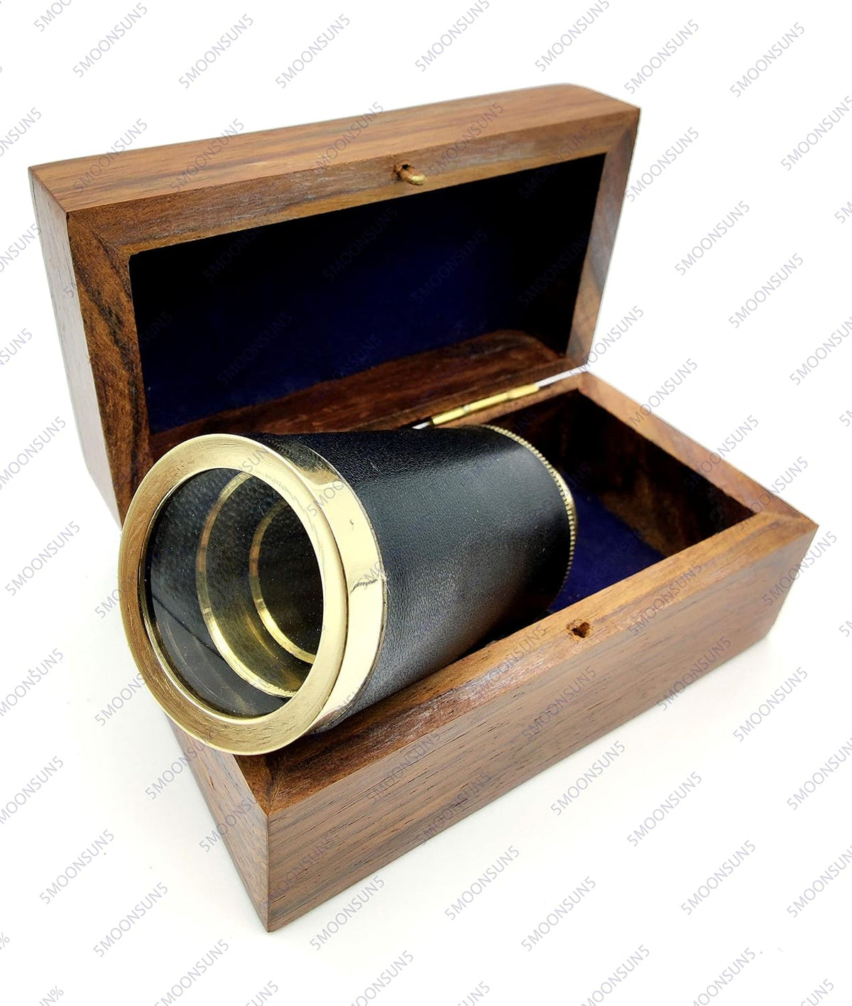 5moonsun5 6 inch brass spyglass telescope with black leather wrap, compass and wooden box - view 3