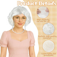 Huskein Old Lady Costume, Old Lady Cosplay Silver Bun Wig Glasses Wig Cap Pearl Necklace Bracelet - White-lady - image 3