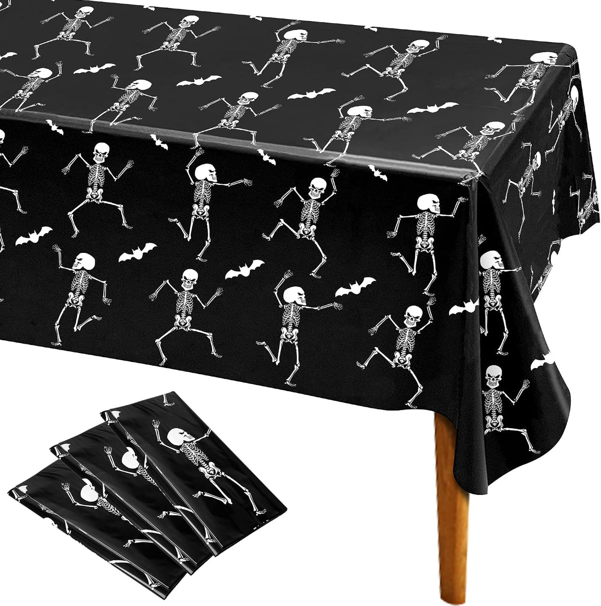 Iceyyyy Halloween skeleton tablecloth, black plastic table cover with skeleton print - view 3