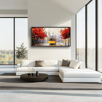 Large Cityscape Wall Art for Living Room, Framed Oversized Urban Tram Wall Decor Tree Landscape Canvas Painting Modern Artwork for Living Room Bathroom Bedroom Office Dining Room 60"x30"