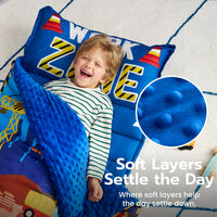 JOIEDOMI Toddler Nap Mat with Removable Pillow and Minky Blanket - Light Blue Construction - image 2