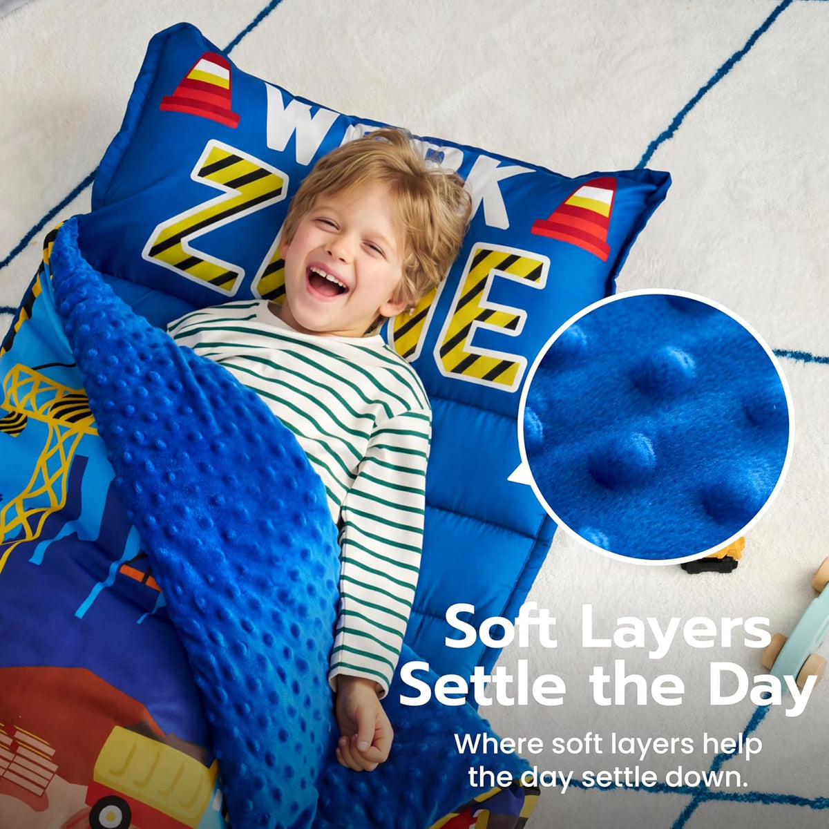 JOIEDOMI Toddler Nap Mat with Removable Pillow and Minky Blanket - Light Blue Construction - image 2