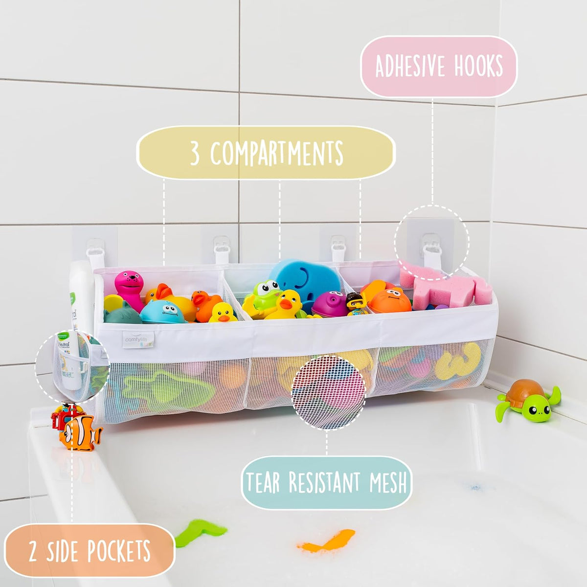 2 x Mesh Bath Toy Organizer + 8 Ultra Strong Hooks - White Long XL - image 4