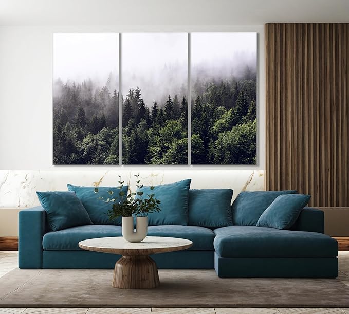 Nature Wall Art Prints - Ocean Forest Mountain Lake Canvas Landscapes - Small to Extra Large Living Room Bedroom Kitchen Bathroom Décor (Foggy Pine Forest, 60x40 Inches - 5 Panels)