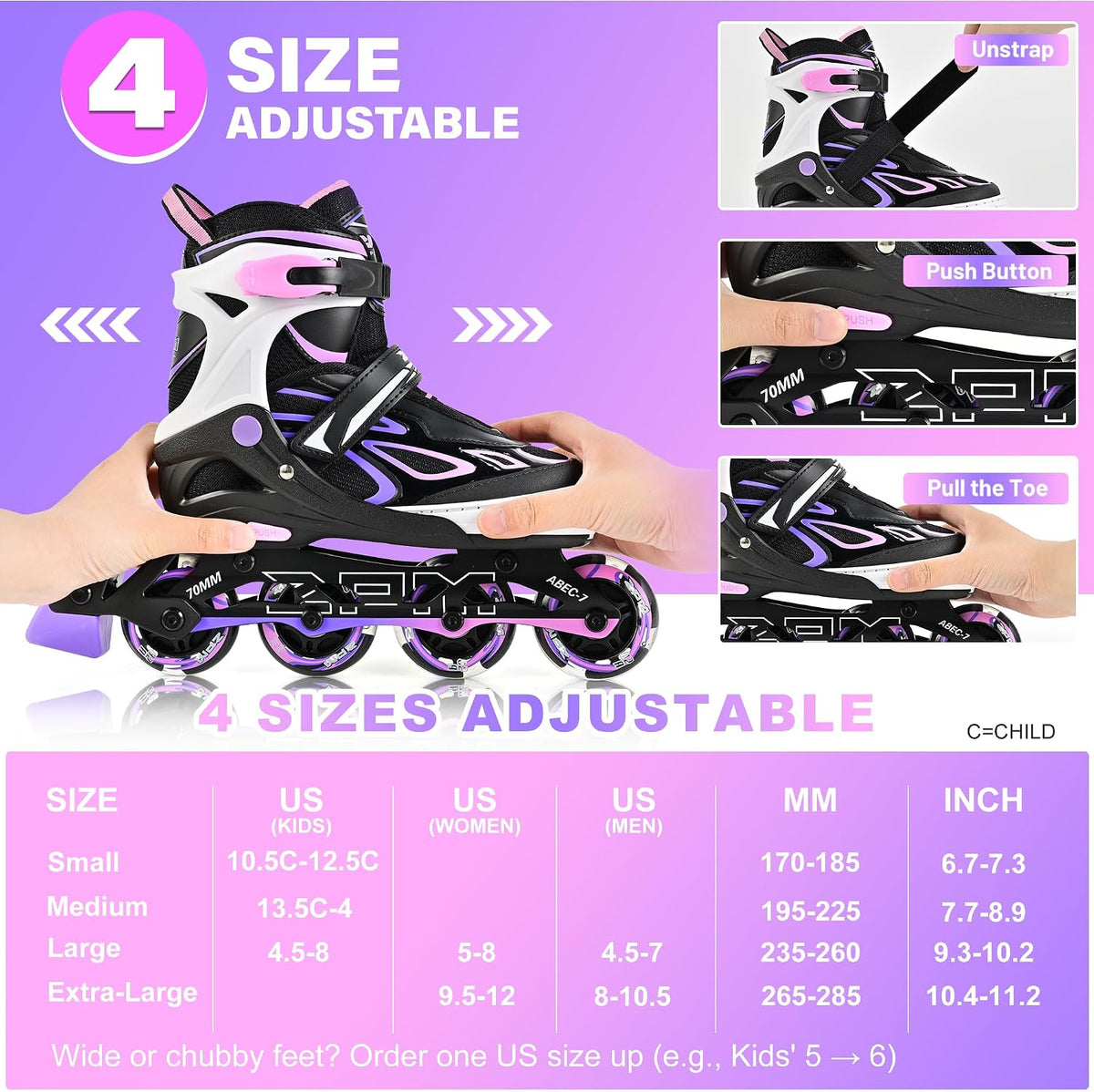 2PM SPORTS Adjustable Inline Skates for Kids, Youth and Adults - Purple Pink / Medium - Big Kid (13.5C-4 US) - image 2