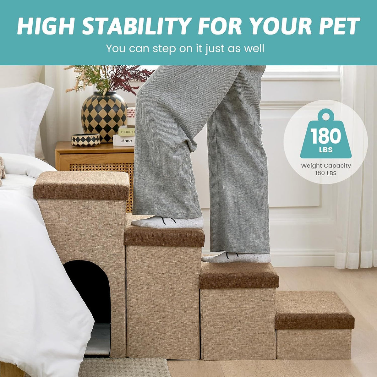 COZY KISS Dog Stairs with Storage, 16.7" H Wider Dog Steps - Brown / 4 / 43x17x22.6 inch - image 4