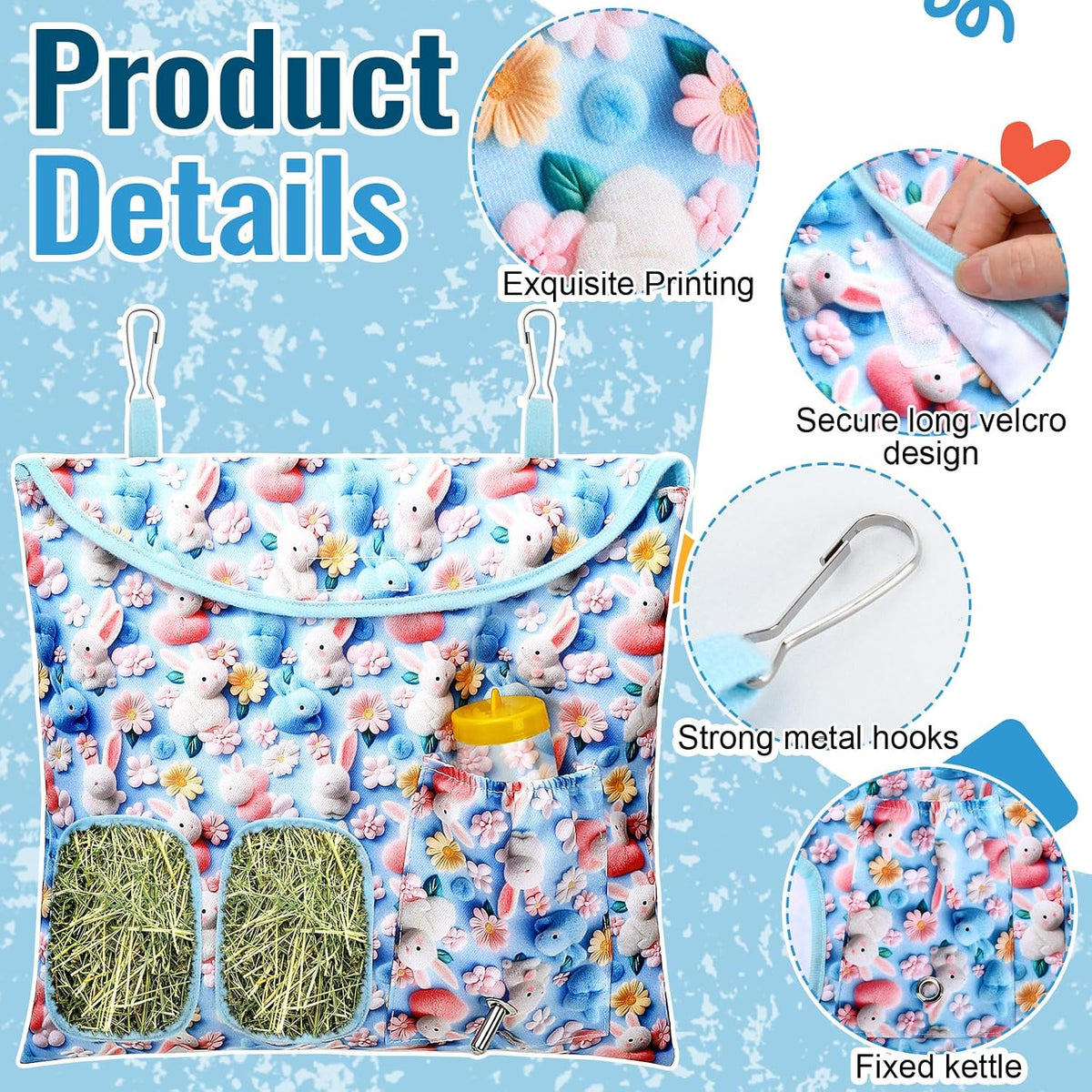UPINS 2 Pack Guinea Pig Hay Feeder Bag - 30 x 32 cm / Blue Green - image 3