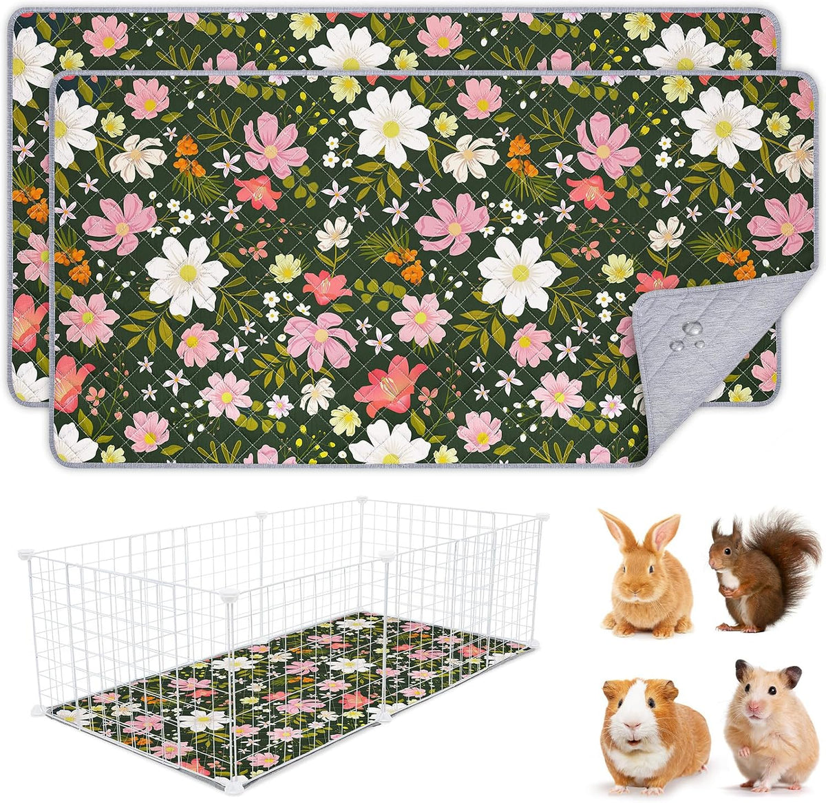 Unicorn Catcher 2 Pack Washable Guinea Pig Cage Liner - Flower Prints / 47X24in