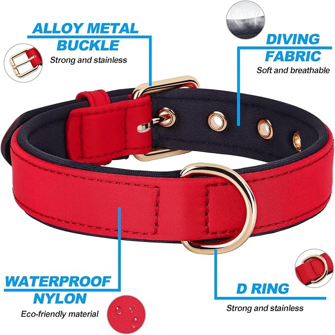 Didog Soft Padded Dog Collars for Small Dogs, Lightweight and Breathable Dog Collar with Metal Buckle, Red, M