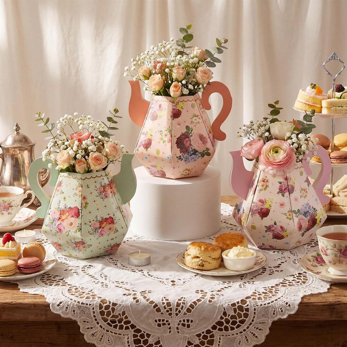Fulmoon 6 Pcs Tea Party Decoration Flower Box Table Teapot - 6 / Rose Red Series - image 4