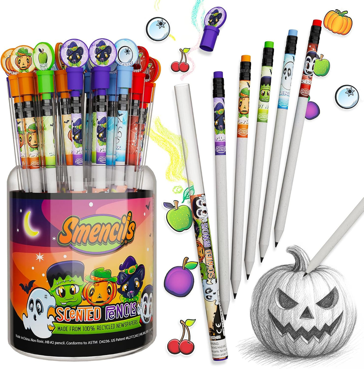 Halloween Smencils Cylinder, HB #2 Scented Smelly Pencils - Halloween