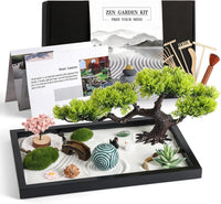 Thaibear desk zen garden kit with black wooden tray, white sand, stones, bonsai and bridge